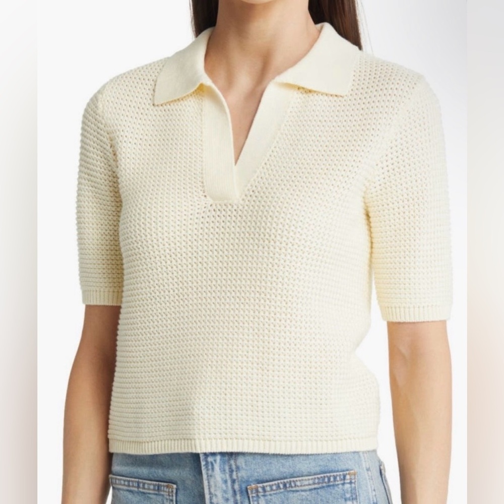 MARINE LAYER Women’s Spencer Open Stitch Short Sleeve Polo Sweater Yellow Medium